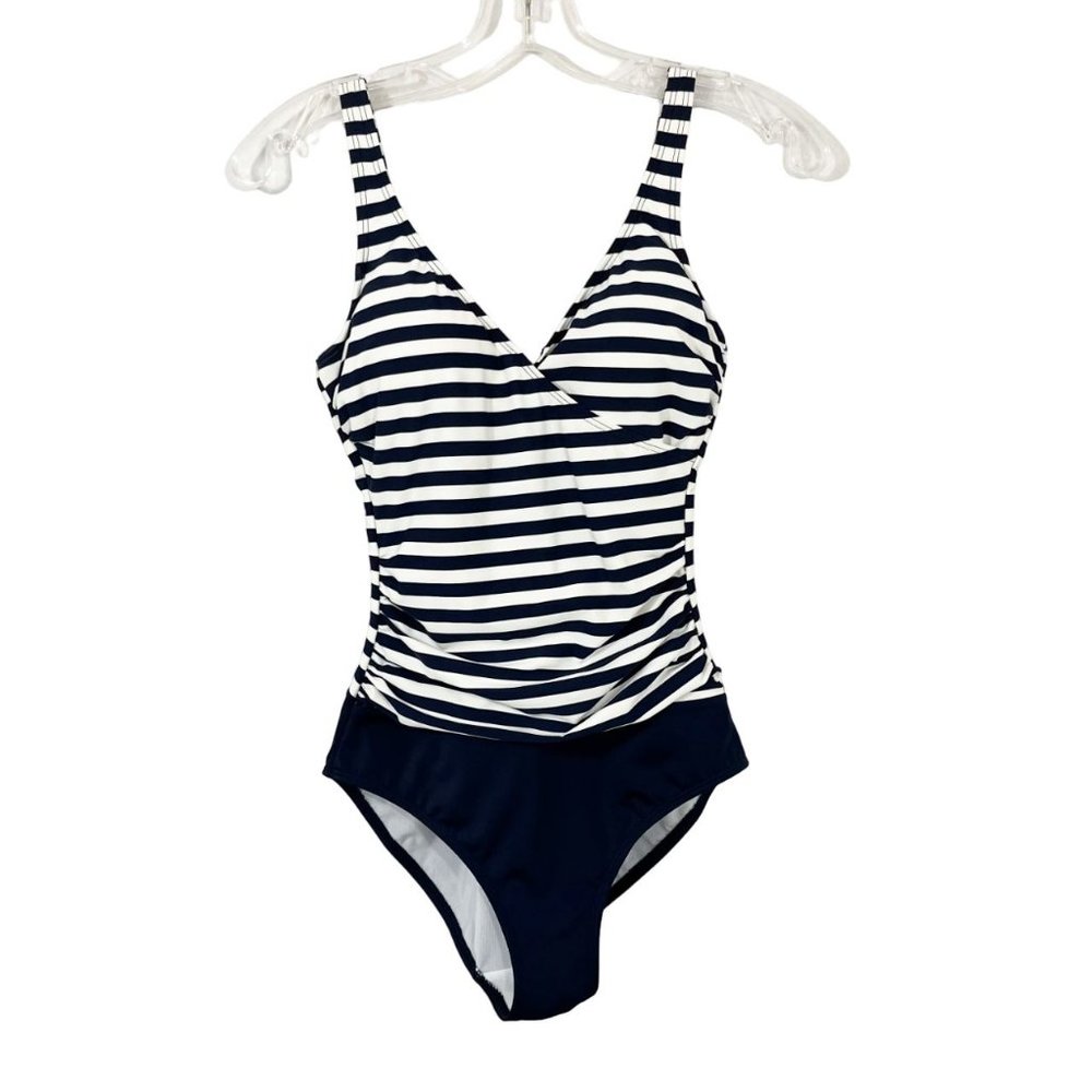 Boden‎ Navy Blue & White Striped Wrap Front One Piece Swimsuit Nautical - Size 4